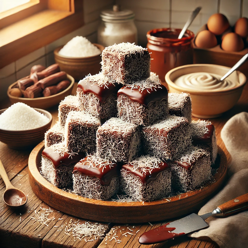 A beautifully plated Authentic Australian Lamingtons with soft cake squares coated in chocolate icing and rolled in coconut, served on a rustic wooden tray in a cozy kitchen, highlighting the classic Australian dessert.