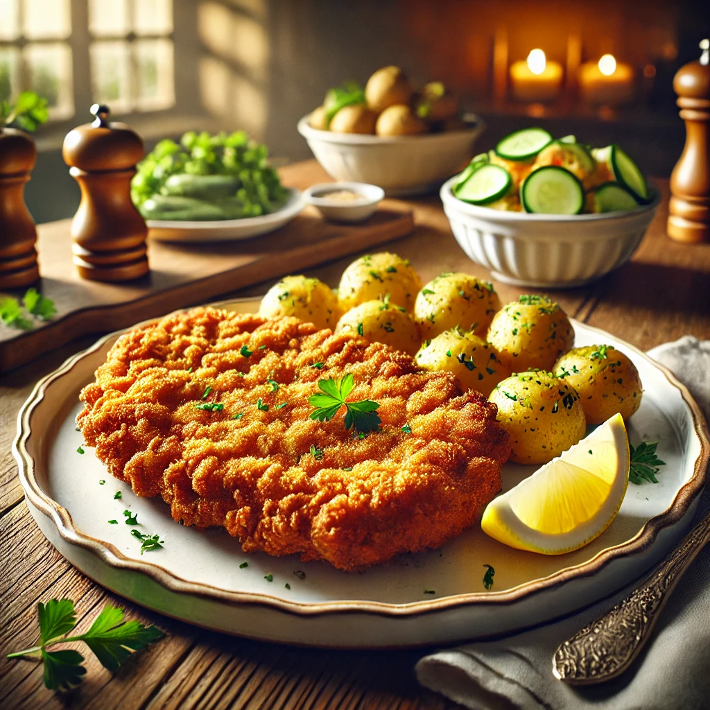 A beautifully plated Austrian Wiener Schnitzel with a golden, crispy coating, served on a white ceramic plate with lemon wedges and parsley potatoes in a cozy, warmly lit kitchen, highlighting the classic European dish.