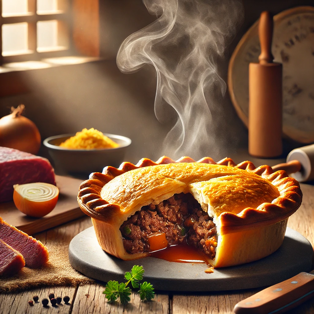 A beautifully plated Authentic Aussie Meat Pie with flaky crust and savory filling, served on a rustic wooden table in a cozy Australian kitchen, highlighting the classic dish.