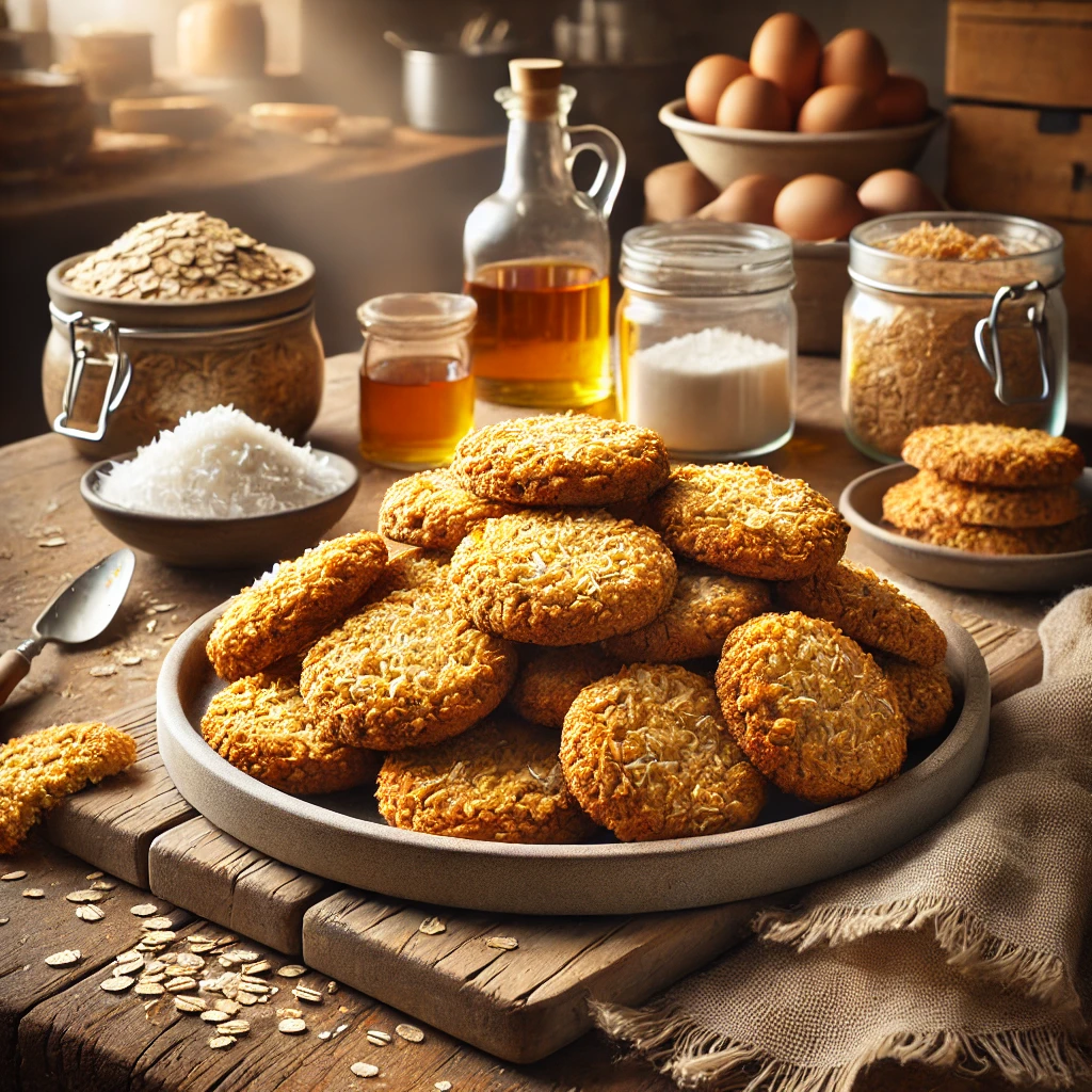 A beautifully plated Authentic Australian ANZAC Biscuits with golden-brown edges, coated in oats and coconut, served on a rustic wooden table in a cozy kitchen, highlighting the classic Australian treat.