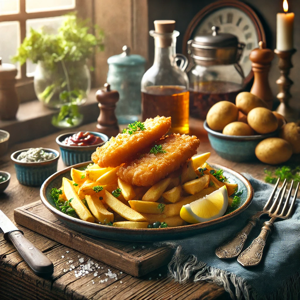 A beautifully plated Authentic British Fish and Chips with crispy fried fish and golden chips, served on a rustic wooden table in a cozy kitchen, highlighting the classic European dish.