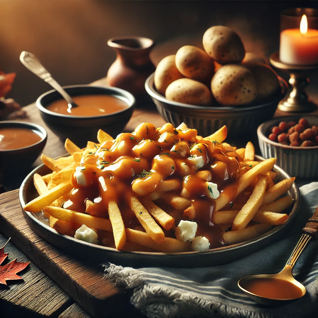 A beautifully plated Authentic Canadian Poutine with crispy fries, melted cheese curds, and rich gravy, served on a rustic wooden table in a cozy kitchen, highlighting the classic North American dish.