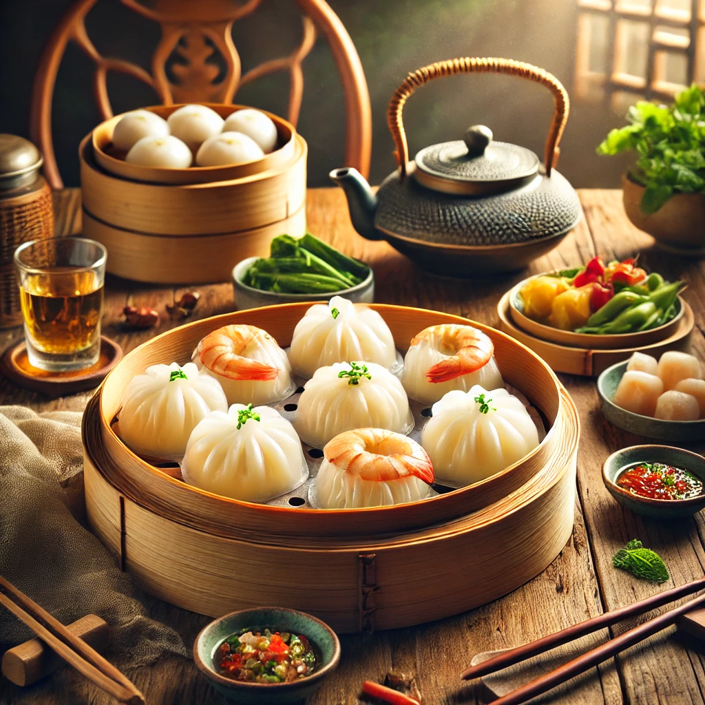 A beautifully plated Authentic Chinese Dim Sum with translucent shrimp dumplings and colorful dipping sauces, served in a traditional bamboo steamer on a wooden table in a cozy dining room, highlighting the classic Asian dish.