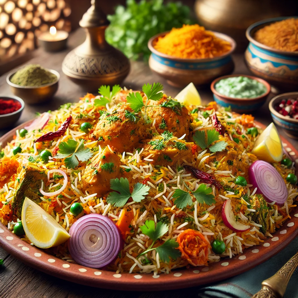 A beautifully plated Authentic Indian Biryani with saffron-infused rice, tender chicken, and colorful vegetables, served on a large ceramic platter in a warmly lit dining room, highlighting the classic Asian dish.