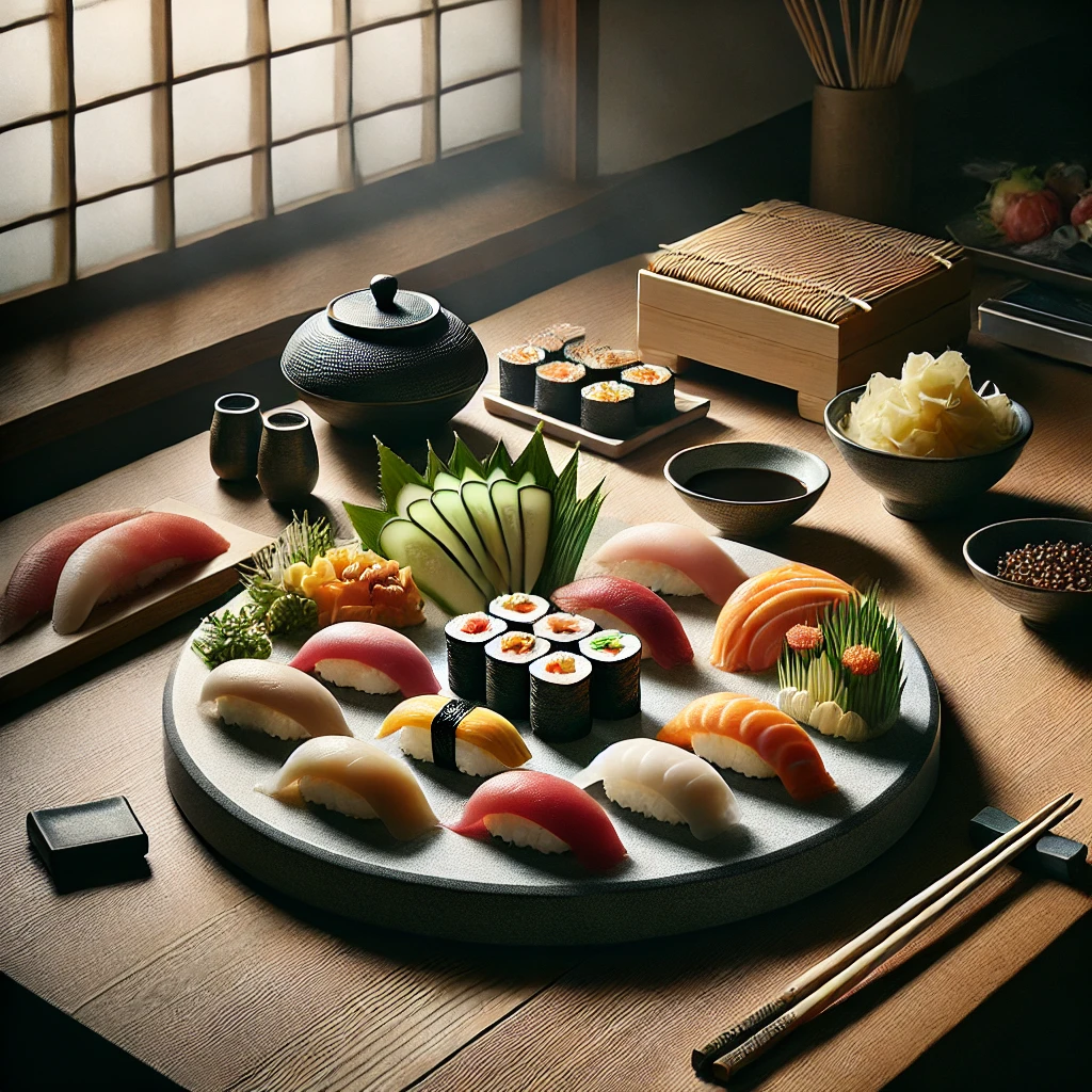 A beautifully plated Authentic Japanese Sushi with fresh fish and vibrant vegetables, served on a minimalist ceramic plate in a traditional Japanese kitchen, highlighting the classic dish.