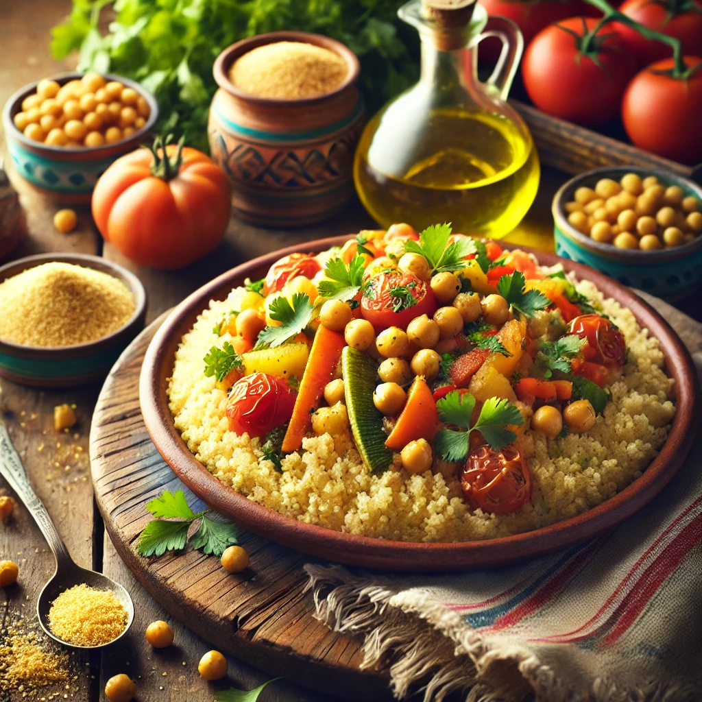 A beautifully plated Authentic Couscous with colorful vegetables and chickpeas, served on a rustic ceramic plate in a cozy North African kitchen, highlighting the classic dish.