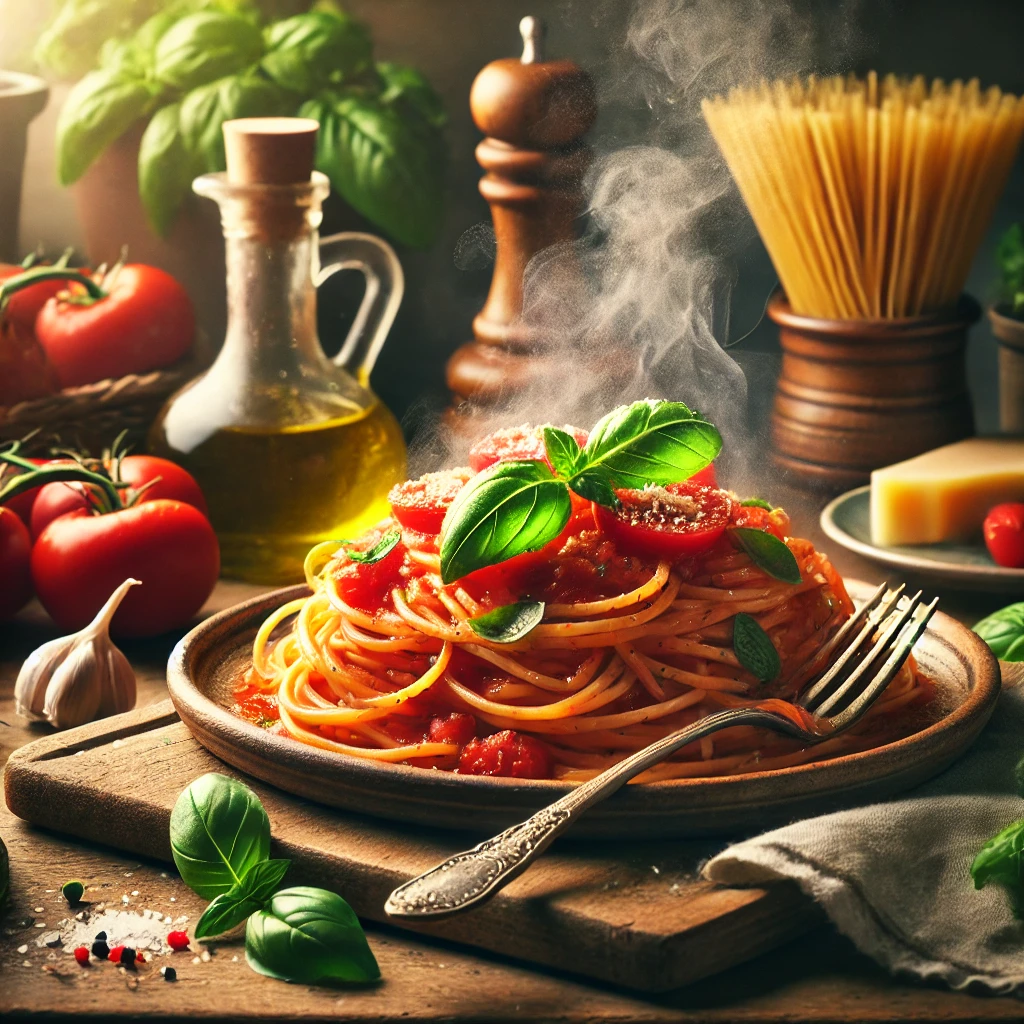 A beautifully plated Authentic Pasta al Pomodoro with vibrant tomato sauce and fresh basil, served on a rustic ceramic plate in a cozy European kitchen, highlighting the classic Italian dish.