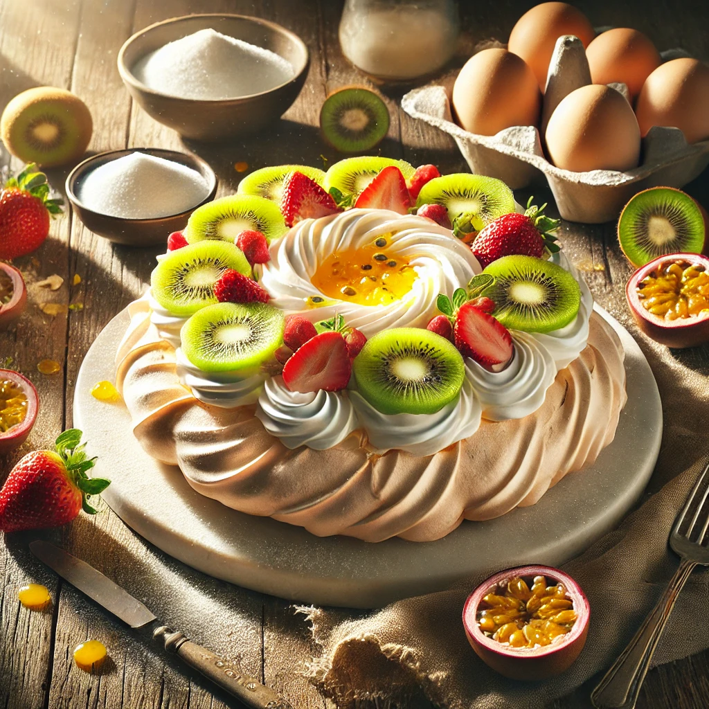 A beautifully plated Perfect Pavlova with fluffy whipped cream and fresh fruits, served on a rustic wooden table in a sunlit Australian kitchen, highlighting the classic dessert.