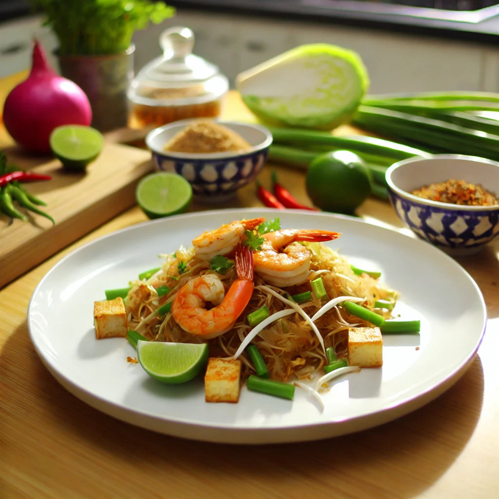 A beautifully plated Authentic Thai Pad Thai with shrimp, tofu, and vibrant vegetables, served on a sleek white plate in a modern kitchen, highlighting the classic Asian dish.