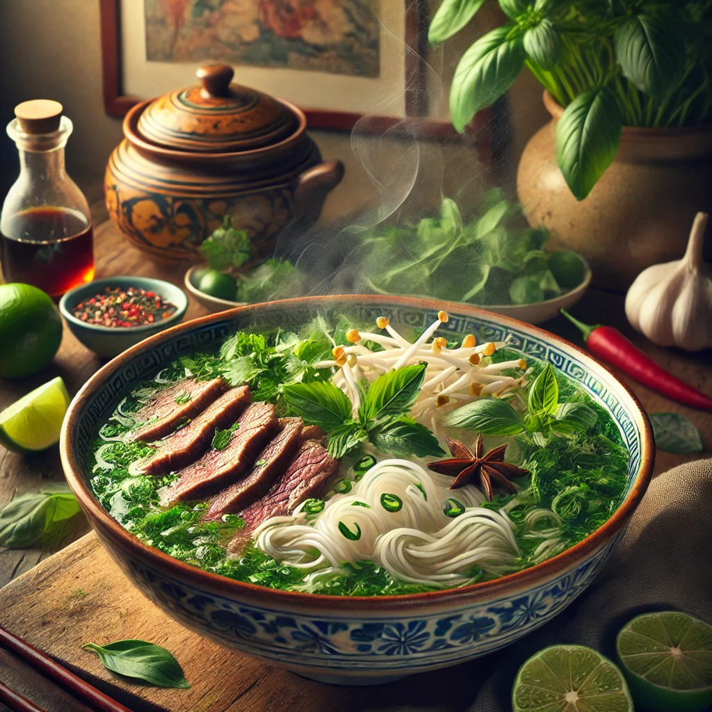 A beautifully plated Authentic Vietnamese Pho with tender beef, clear broth, and fresh herbs, served in a traditional ceramic bowl on a wooden countertop in a warmly lit kitchen, highlighting the classic Asian dish.