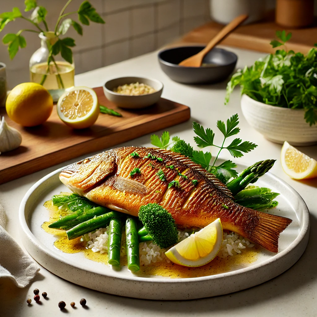 A beautifully plated Authentic Australian Barramundi with crispy skin and lemon myrtle sauce, served on a white ceramic plate with steamed vegetables and herbed rice in a modern kitchen, highlighting the classic Australian dish.