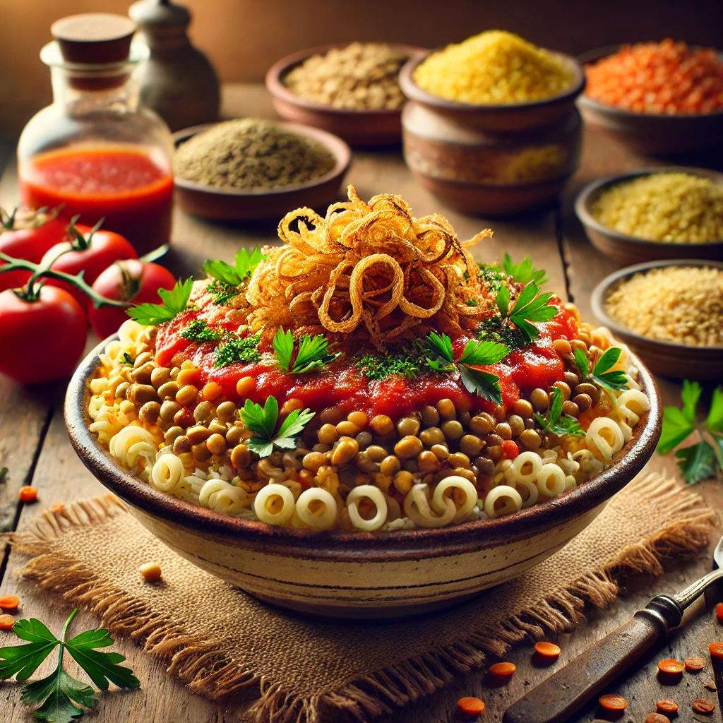 A beautifully plated Authentic Egyptian Kushari with layers of lentils, rice, pasta, topped with rich tomato sauce and crispy onions, served in a rustic ceramic bowl on a wooden table in a cozy kitchen, highlighting the classic North African dish.