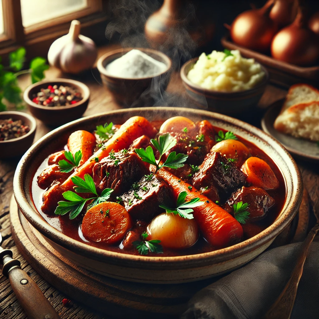 A beautifully plated Authentic Beef Bourguignon with tender beef, carrots, and pearl onions in a rich red wine sauce, served in a rustic ceramic bowl with mashed potatoes and crusty bread on a wooden table in a cozy dining room, highlighting the classic European dish.