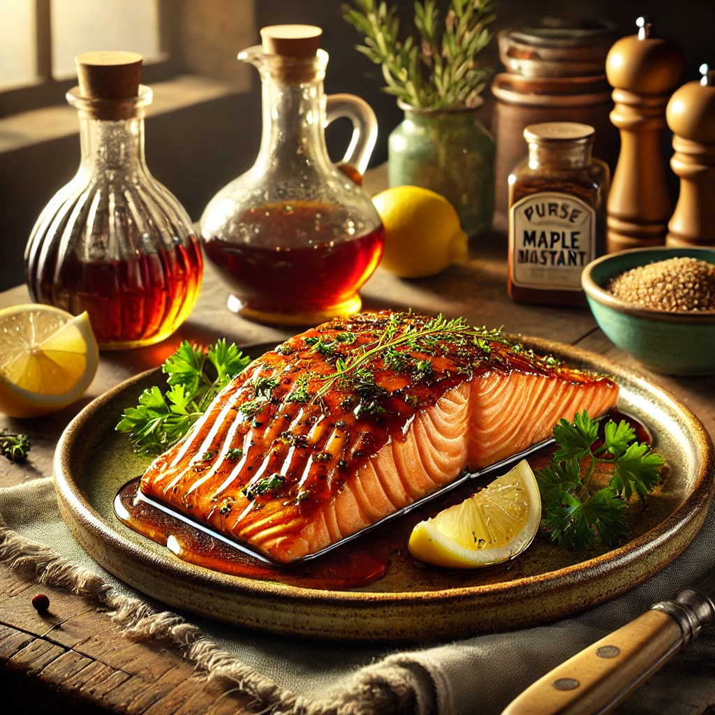 A beautifully plated Maple Glazed Salmon with caramelized glaze and fresh parsley, served on a rustic ceramic plate in a cozy kitchen, highlighting the classic North American dish.