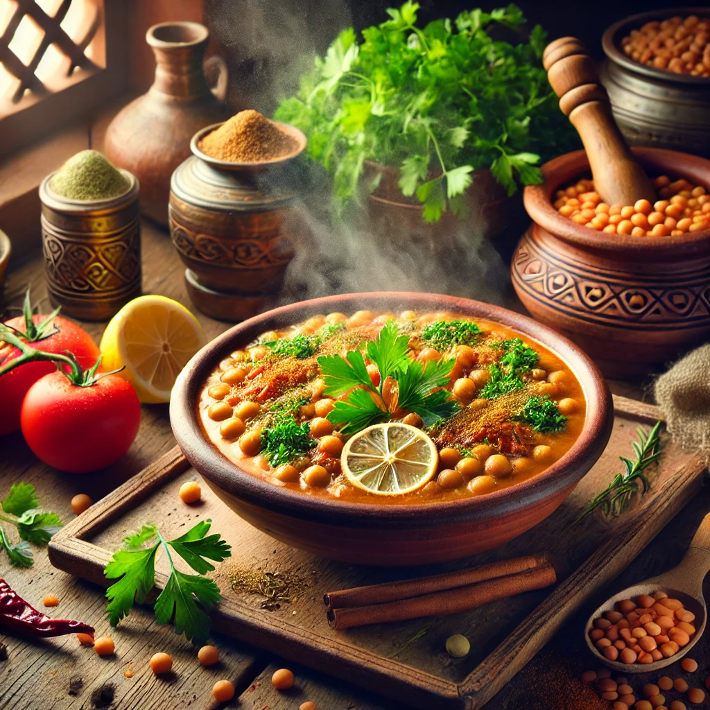 A beautifully plated Authentic Moroccan Harira with tender lentils and chickpeas, garnished with fresh parsley and preserved lemon, served in a traditional clay bowl on a rustic wooden table in a cozy kitchen, highlighting the classic North African dish.