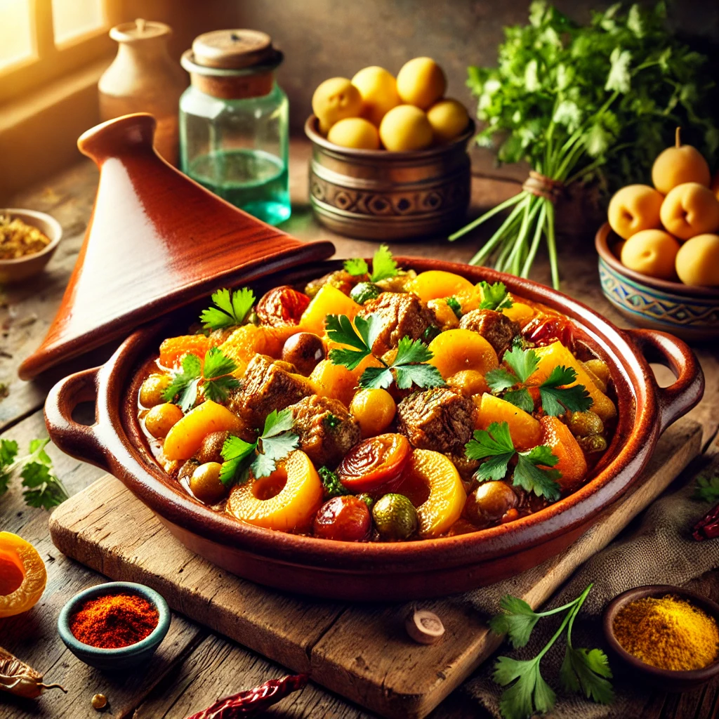 A beautifully plated Authentic Moroccan Tagine with tender meat, sweet apricots, and vibrant vegetables, served in a traditional earthenware tagine pot on a rustic wooden table in a warmly lit kitchen, highlighting the classic North African dish.