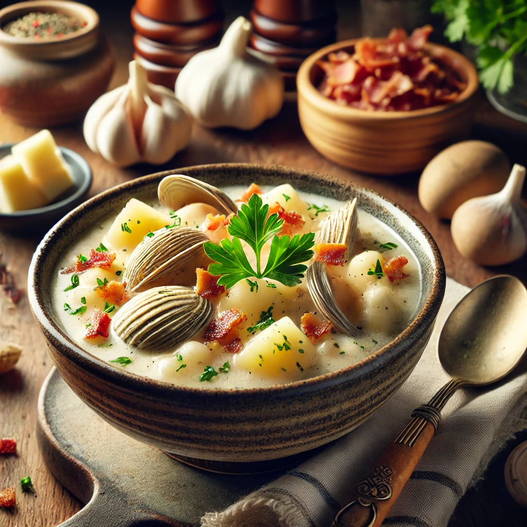 A beautifully plated New England Clam Chowder with tender clams and potatoes, topped with crispy bacon and fresh parsley, served in a rustic ceramic bowl on a wooden table in a cozy kitchen, highlighting the classic North American dish.