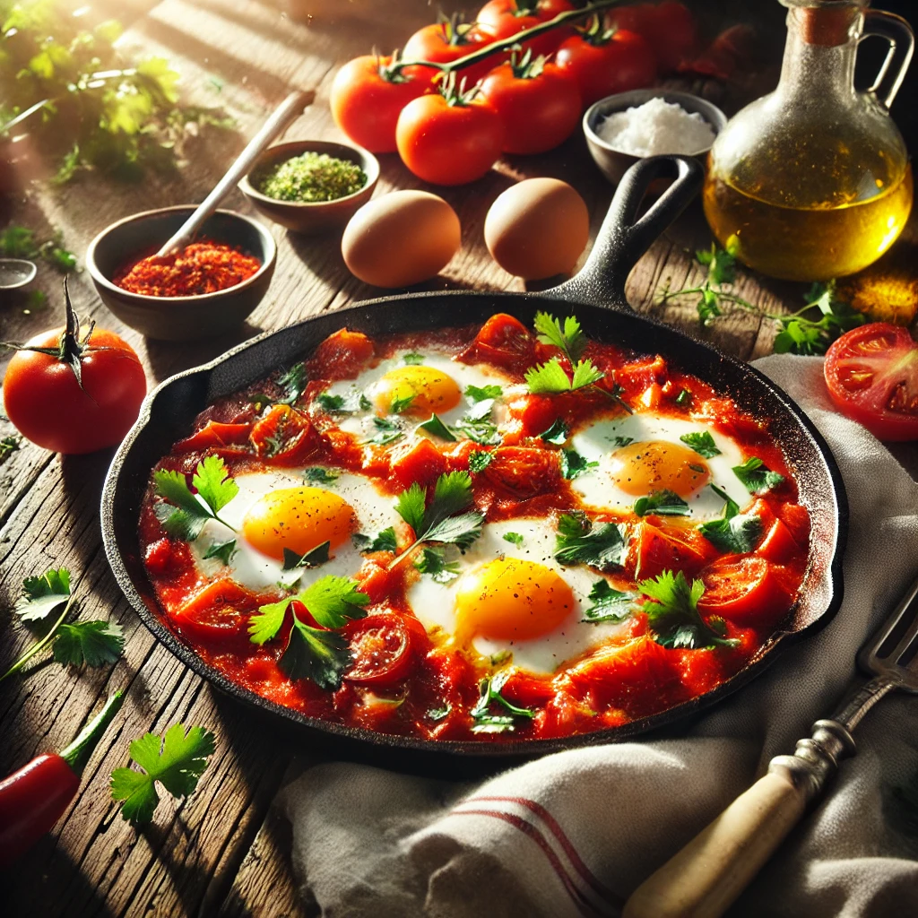 A beautifully plated Perfect Shakshuka with poached eggs and vibrant tomato sauce, served in a rustic skillet on a wooden table in a sunlit kitchen, highlighting the classic North African dish.