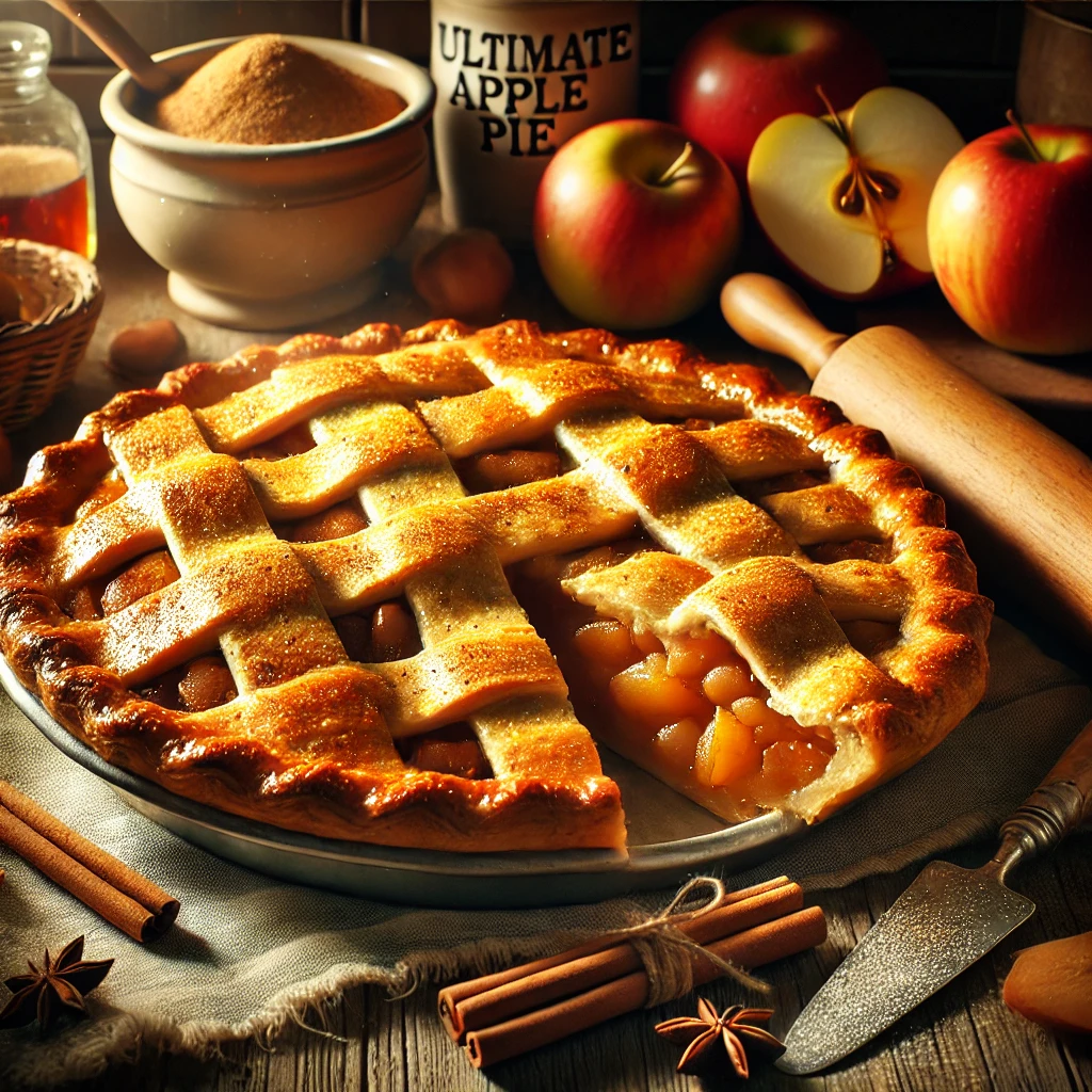 A beautifully baked Ultimate Apple Pie with a golden crust and steam rising from a slice, set on a rustic wooden table in a cozy kitchen, highlighting the classic North American dessert.