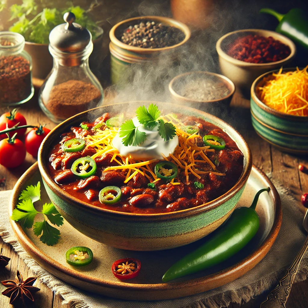 A beautifully plated Ultimate Chili con Carne with shredded cheese, sour cream, and fresh cilantro, served on a rustic ceramic plate in a cozy kitchen, highlighting the classic North American dish.